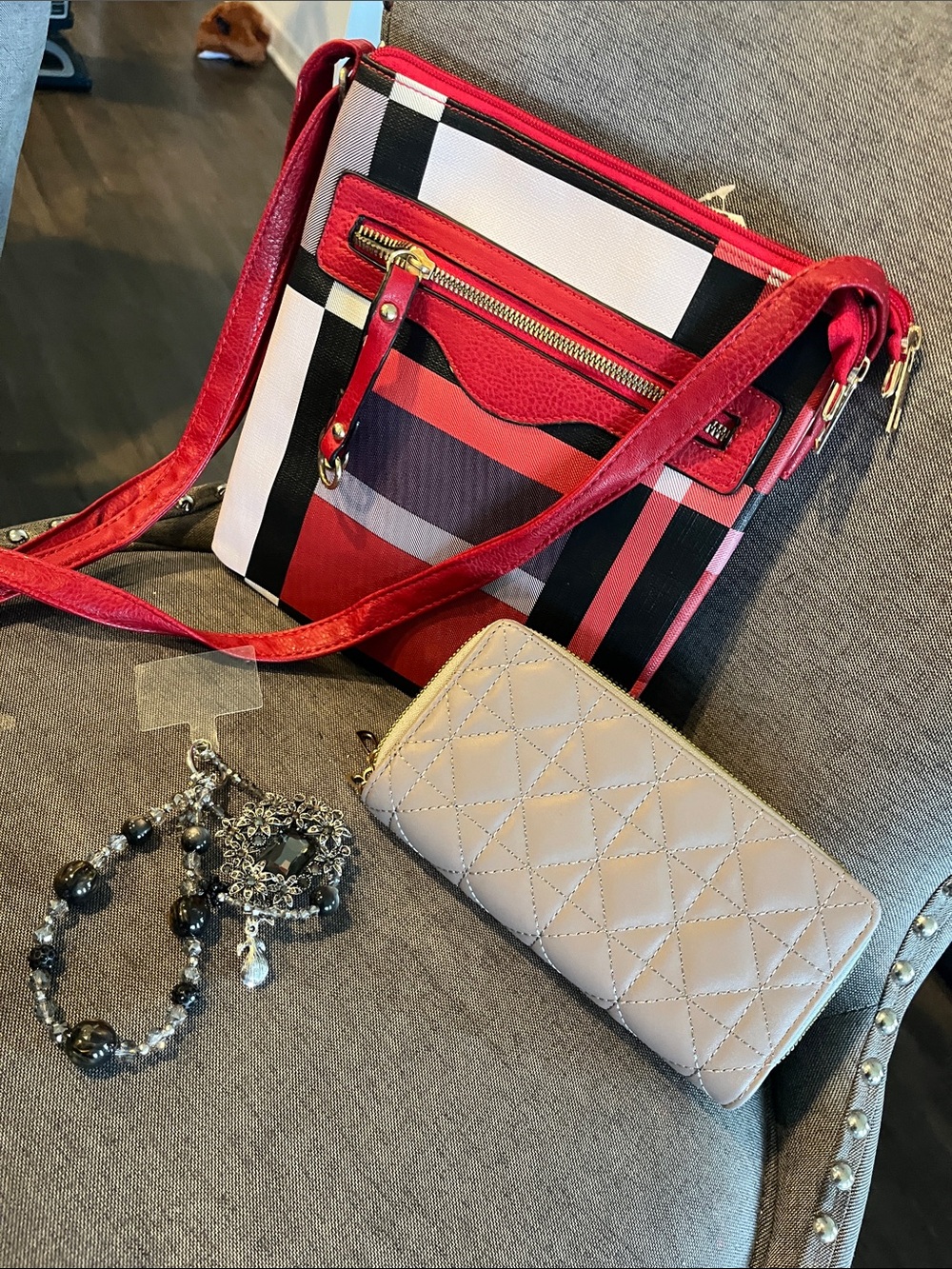 Red Patterned Crossbody Bag with Front Zip Pocket, Wallet,Bag Charm